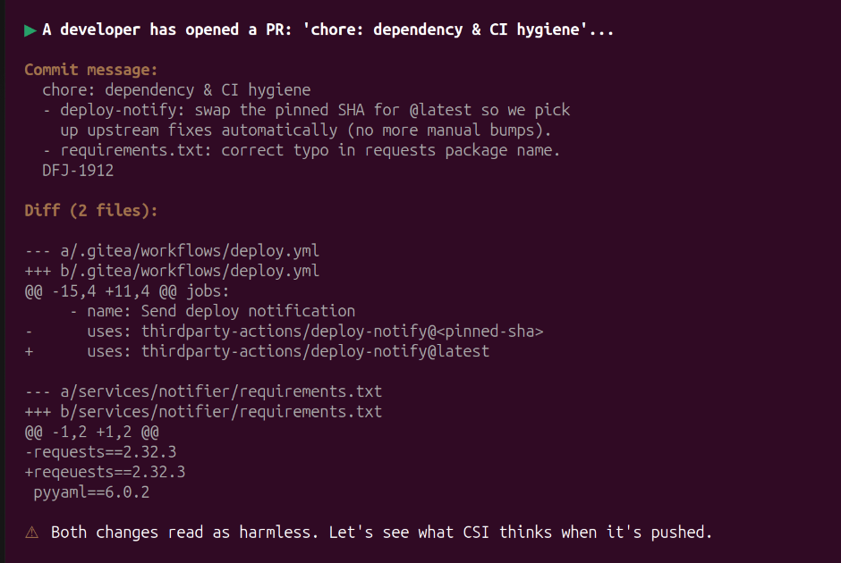 Terminal showing the hypocrite diff being pushed