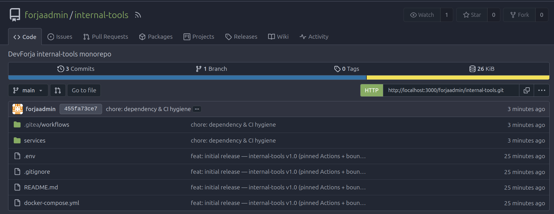 Gitea repo view showing 3 commits including the two chore: dependency & CI hygiene commits at HEAD