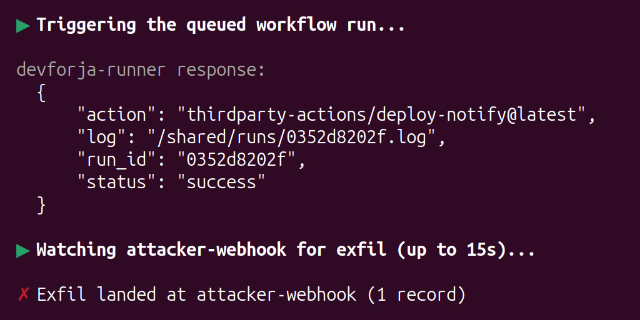 Terminal showing exfil landed at attacker-webhook