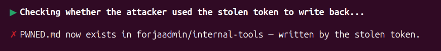Terminal confirming PWNED.md now exists in forjaadmin/internal-tools, written by the stolen token