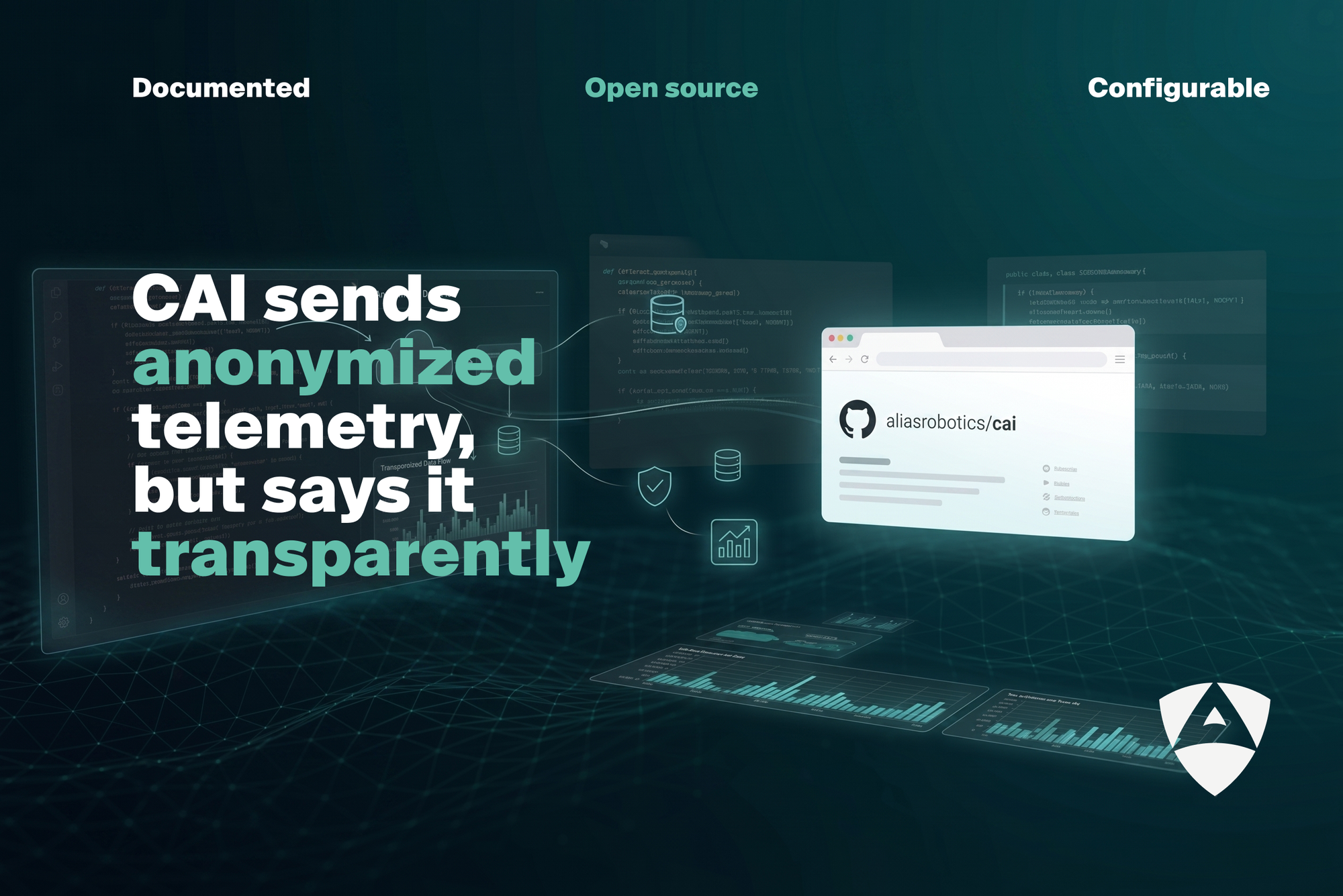 A laptop mockup displaying the official aliasrobotics/cai GitHub repository page with promotional text highlighting open-source and configurable telemetry.