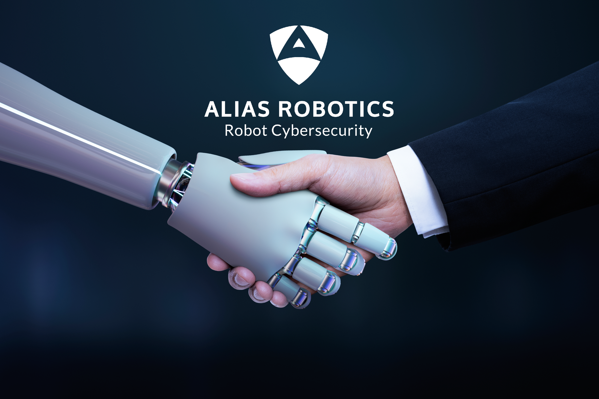 La mano de un robot humanoide y de la de una persona estrechando bajo el logo de Alias Robotics