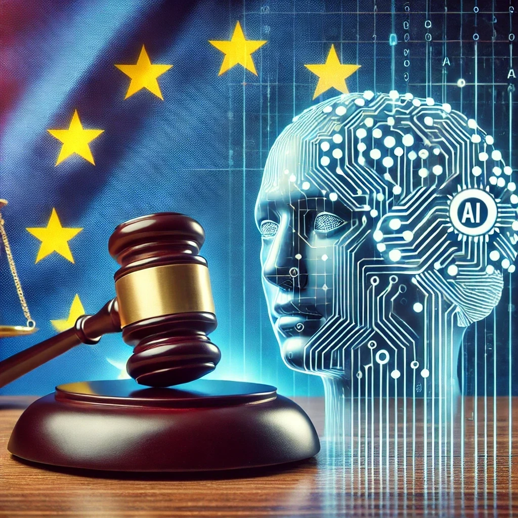 Background with the EU logo featuring a futuristic artificial intelligence robot and a judge's gavel