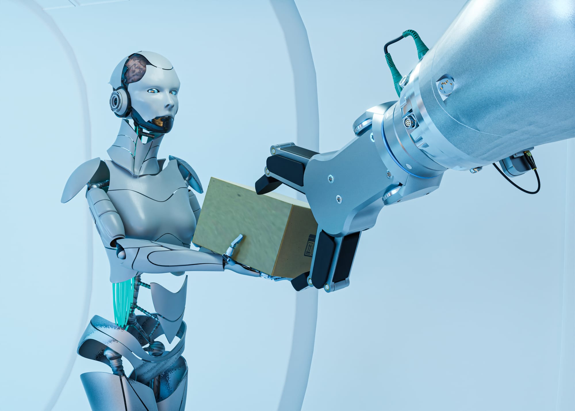 A futuristic-looking humanoid robot and a robotic arm working on package delivery