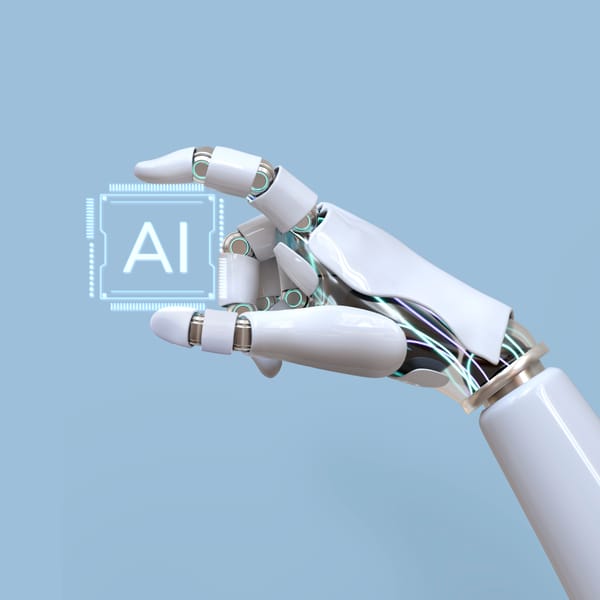 Futuristic robotic hand grasping an artificial intelligence chip