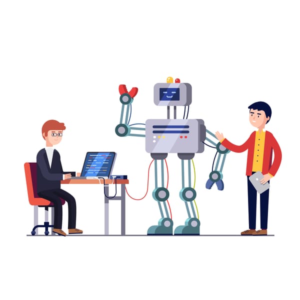 Illustration of a person programming a robot while another person stands beside them.
